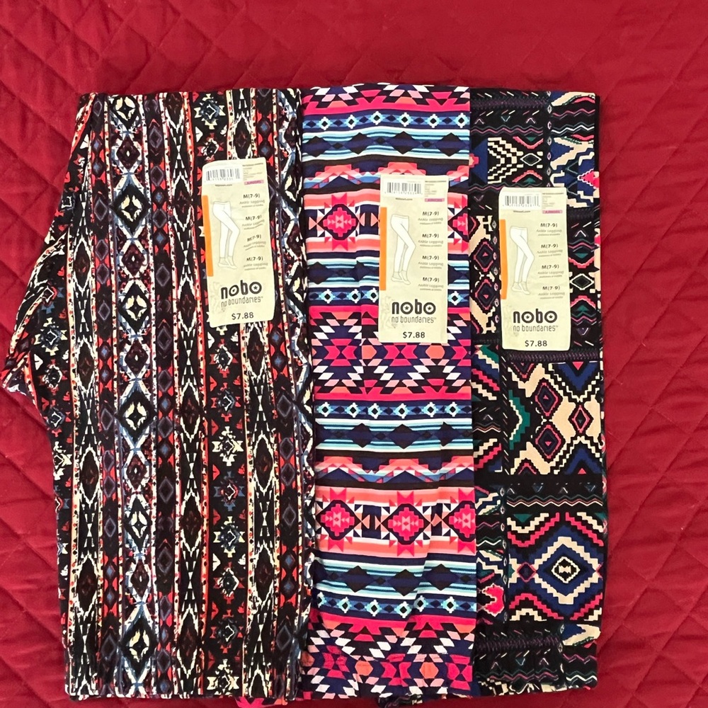No Boundaries Junior’s Aztec-Inspired Leggings Trio - Black, Pink, Blue
